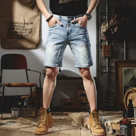 夏季牛仔短裤男破洞薄款欧货韩版复古漆点直筒休闲马裤男士五分裤商品大图