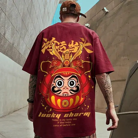 2023新款短袖男潮胖子男装潮牌T恤宽松潮流加肥加大码红色半袖潮商品大图