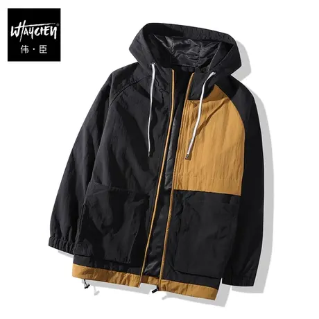 伟臣潮流拼接大码冲锋衣外套胖子加肥加大秋季新品休闲连帽夹克男商品大图