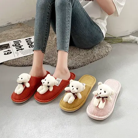 卡通可爱居家棉拖鞋女2023年休闲平底外穿家用防滑舒适亚麻包头拖商品大图