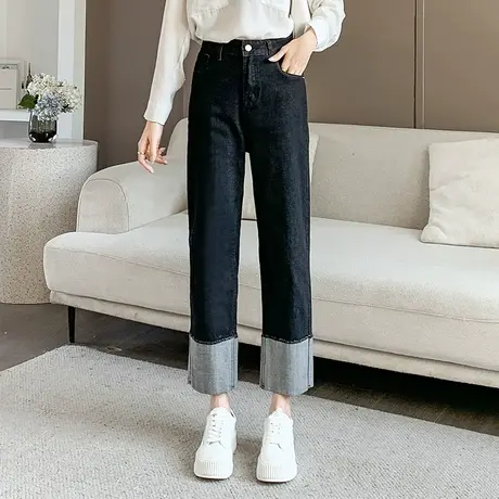 2024春季新款大码卷边直筒牛仔裤女高腰秋季新款显瘦烟管裤子百搭商品大图