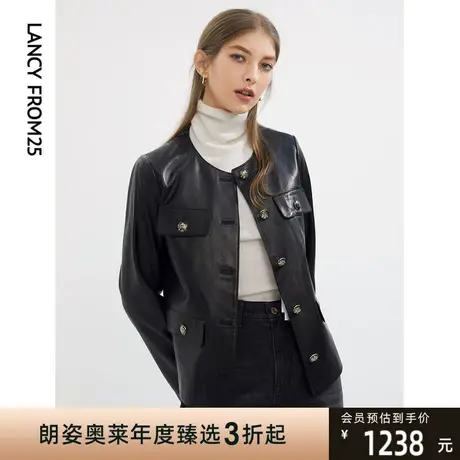 朗姿奥莱圆领短款廓形真皮夹克外套女冬时尚奥莱新款皮衣上衣图片