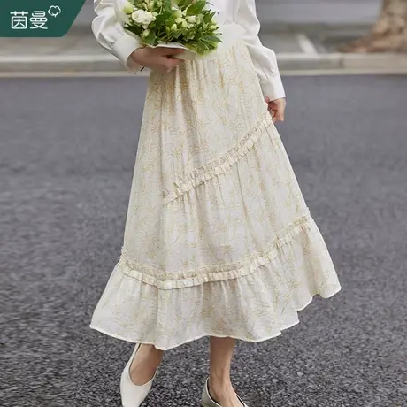茵曼旗舰店法式气质印花半身裙女2023秋新款松紧腰a字伞裙中长裙商品大图