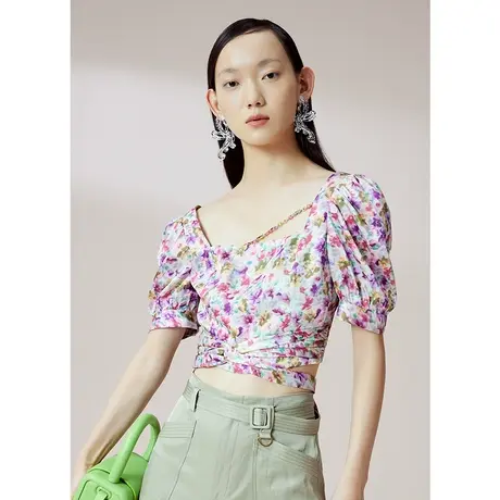 COCOON商场同款气质上衣2023夏装新款女装基础U领通勤碎花上衣女商品大图