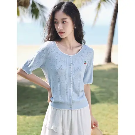 茵曼时尚通勤针织衫2023夏季女装新款宽松挑孔花边圆领短袖上衣商品大图