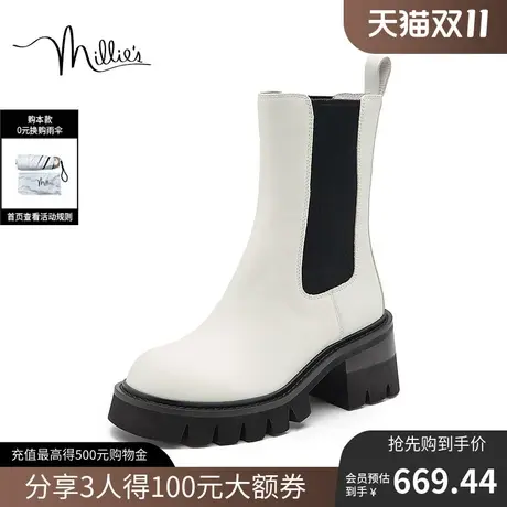 妙丽冬季商场同款牛皮时尚烟筒靴粗跟女中靴25565DZ2商品大图