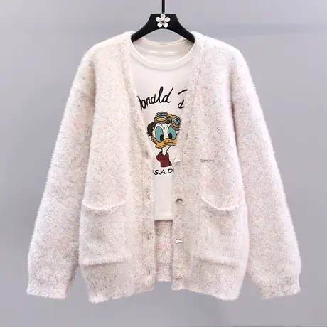 温柔风软糯水貂绒毛衣外套女秋冬2023新款宽松中长款V领针织开衫图片