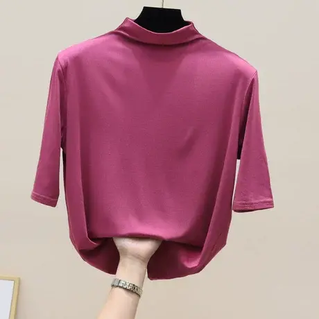 莫代尔半高领t恤女2023春季新款大码宽松五分中袖上衣韩版洋气潮商品大图