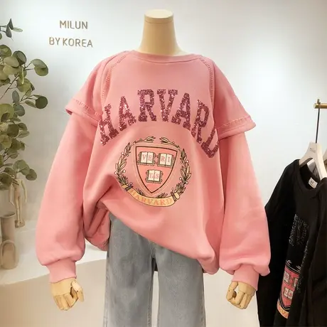 2020冬季韩国东大门重工亮片字母荷叶边加绒卫衣披肩保暖上衣欧货商品大图