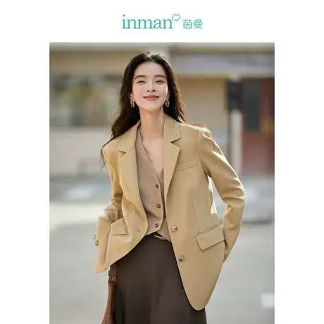 茵曼法式经典驳领小西装外套2023秋女装撞色绣花袖显瘦不易皱上衣图片