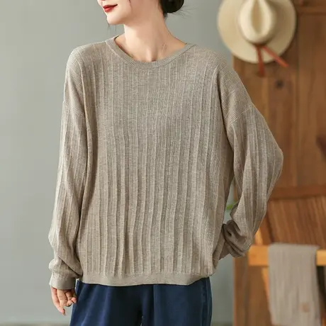 dza 复古条纹纯色针织衫2023秋冬宽松内搭打底衫短款上衣休闲毛衣商品大图