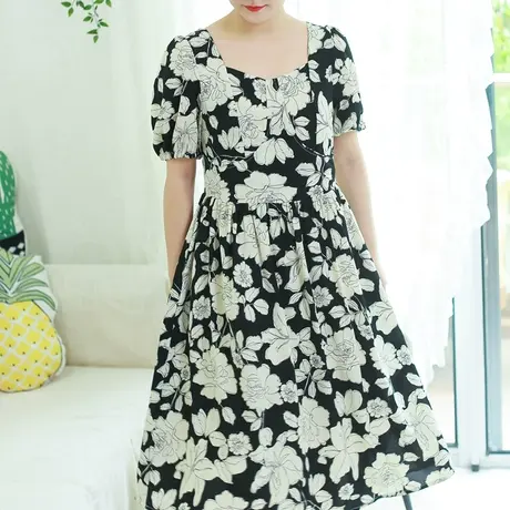 胖妹妹夏2023新品宫廷大花朵法式优雅长裙大码微胖复古显瘦连衣裙商品大图