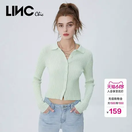 LINCCHIC金羽杰针织衫复古学院风Polo领针织开衫外套女S221SW310商品大图
