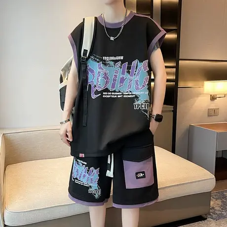 篮球服套装男夏季新款坎肩短袖短裤两件套青少年宽松帅气印花男装商品大图