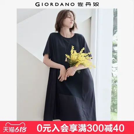 设计师款佐丹奴夏季新款仿牛仔拼接宽松圆领短袖连衣裙女18465620图片