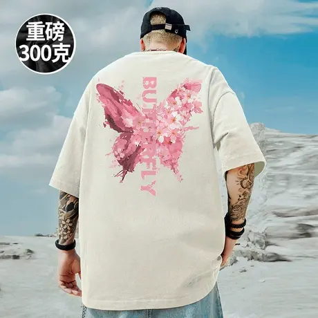 300g重磅美式蝴蝶夏季情侣短袖t恤大码男装圆领纯棉男士半袖夏季商品大图