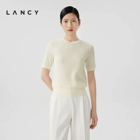 LANCY/朗姿2024夏季新款短袖修身品牌针织衫女短款气质薄款套头衫商品大图