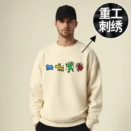 2025刺绣美式重磅圆领胖子加肥加大码卫衣男青少年纯棉无帽春秋季商品大图