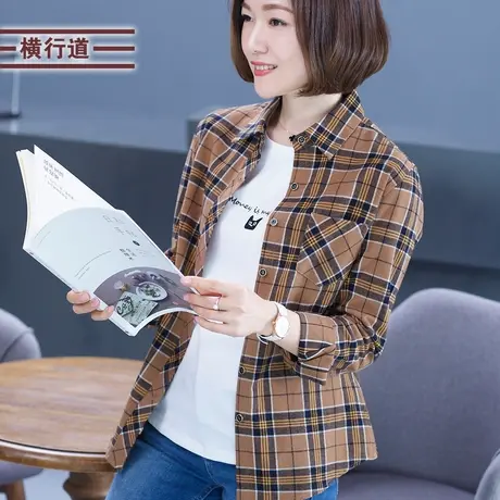 2023冬季新款全棉格子长袖衬衫休闲宽松小外套纯棉衬衣大码女装商品大图