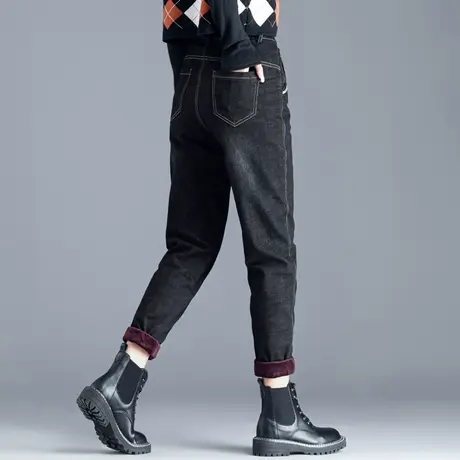 黑色加厚加绒牛仔裤女2023年新款秋冬外穿老爹裤配马丁靴萝卜哈伦图片