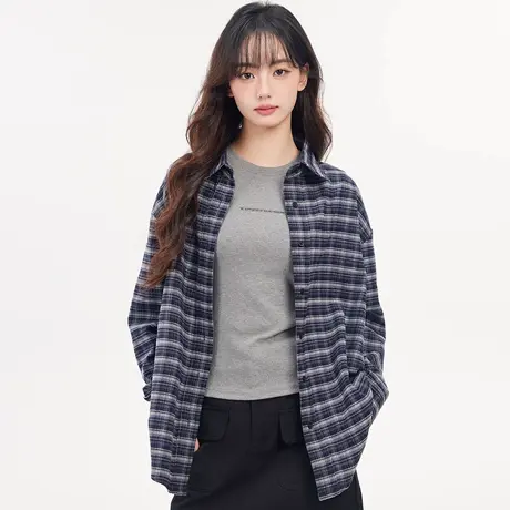 尔给秋季长袖格子衬衫外套女百搭复古宽松小个子韩版设计感衬衣商品大图