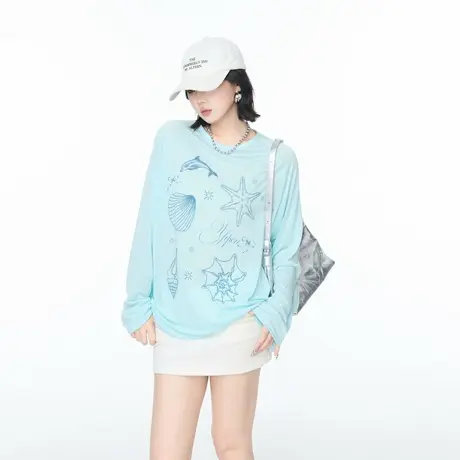莱赛尔天丝凉感印花长袖T恤女夏美式街头风宽松微透空调罩衫上衣商品大图