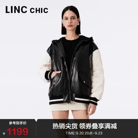 LINCCHIC金羽杰轻薄羽绒服女短款2023秋新款潮酷皮质拼接夹克2019图片