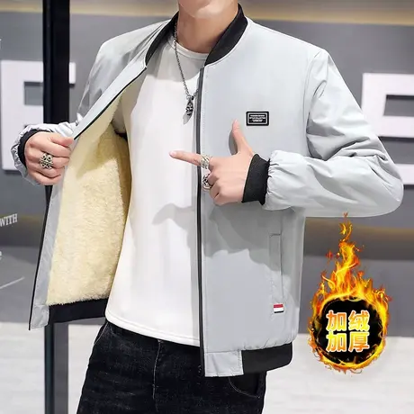 秋冬新款加绒加厚棉衣男韩版修身潮流青年外套纯色休闲棒球服夹克商品大图