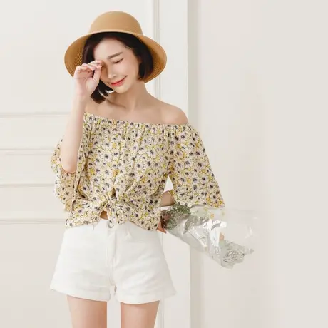 桔熊夏季韩版度假风印花衫收腰绑带宽松荷叶袖上衣女大码AB17179商品大图
