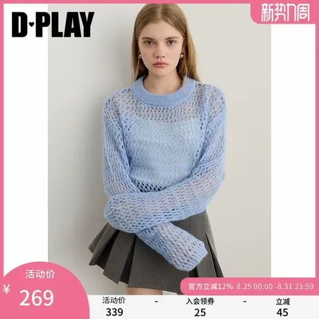 DPLAY2025秋季新款蓝色毛衣女慵懒镂空含马海毛羊毛微透罩衫上衣商品大图