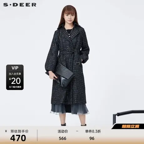 sdeer圣迪奥女装通勤风翻领收腰格纹长款大衣S23481802图片