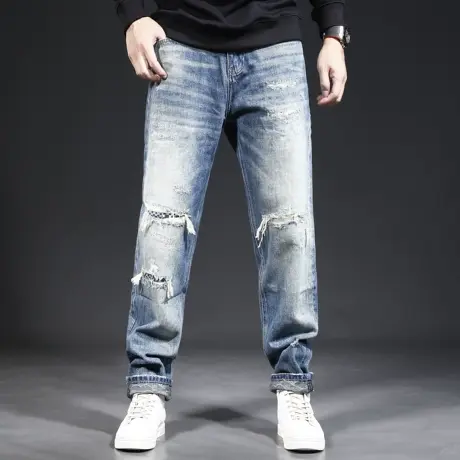 高端美式破洞牛仔裤男直筒宽松2023新款秋季潮流男士裤子痞帅炸街图片