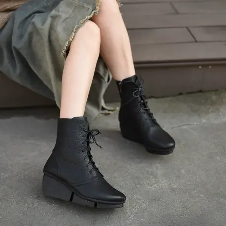 Artmu阿木原创复古厚底坡跟短靴女暗黑马丁靴头层牛皮高跟女靴子商品大图