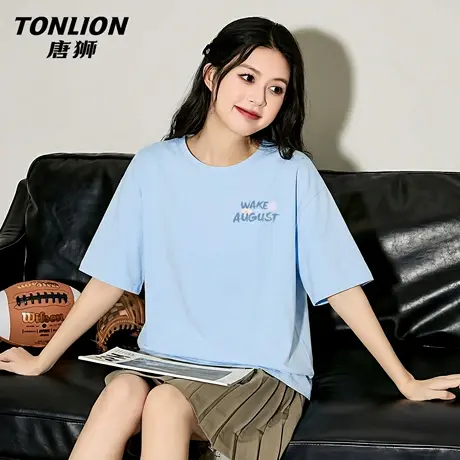 唐狮官方蓝色短袖上衣女夏季2026新款女士休闲纯棉宽松半袖t恤VB商品大图