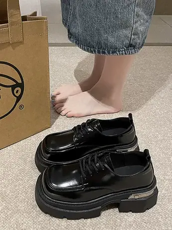 厚底方头复古系带乐福单鞋女鞋子2023年新款春季秋冬英伦风小皮鞋图片