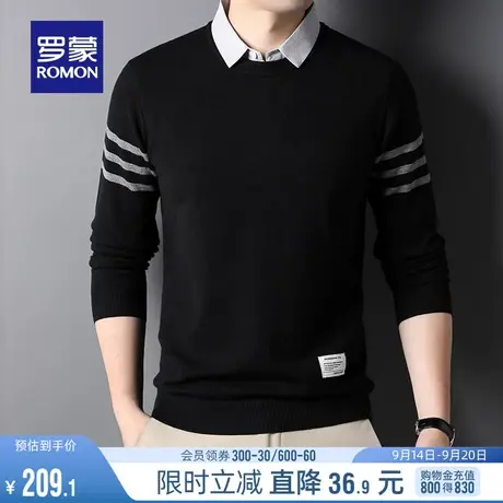 罗蒙男士长袖针织衫2023秋冬保暖时尚休闲假两件衬衫领弹力毛衣男图片