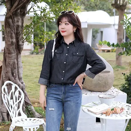 显瘦大码胖MM牛仔开衫上衣女2023年秋季新款休闲百搭气质长袖衬衫商品大图