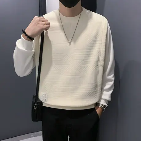 高级感假两件加绒卫衣男秋冬季拼接设计休闲内搭上衣潮牌加厚体恤图片