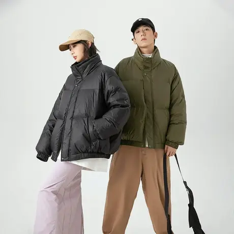潮牌情侣装立领轻薄羽绒服女2023新款加厚冬季外套纯色宽松面包服图片