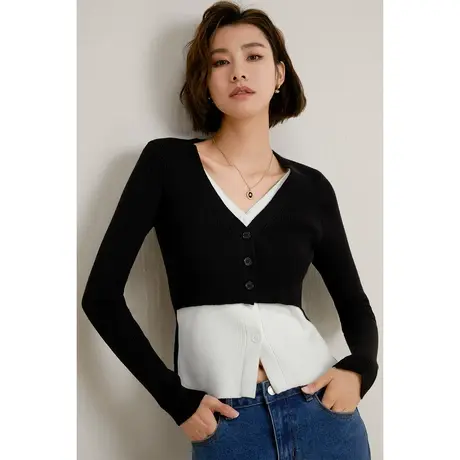 弥古黑白撞色v领针织衫女2023新款秋季修身假两件上衣设计感小众商品大图