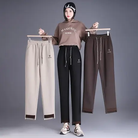 米色羊绒哈伦裤加厚女欧货2023秋冬宽松高腰撞色休闲哈伦萝卜裤商品大图