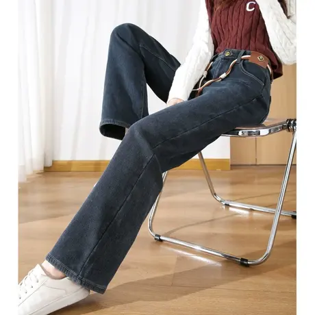女士加绒牛仔裤女秋冬2023新款加厚直筒裤梨形身材女裤子阔腿长裤商品大图