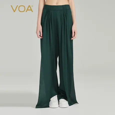 VOA孔雀绿22姆米暗纹提花真丝自然腰立体活页装饰真丝阔腿长裤商品大图