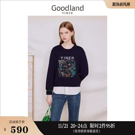 [假两件]Goodland美地女装2023秋季质感logo绣花装饰圆领卫衣商品大图