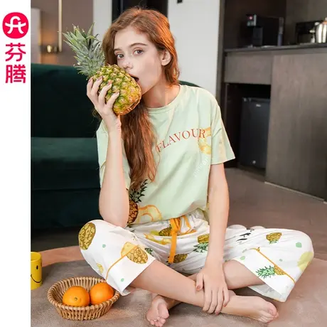 芬腾夏季睡衣女短袖两件套装宽松纯棉韩版清新夏天薄款全棉家居服商品大图