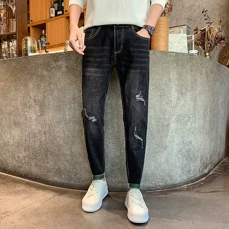 春秋季潮牌牛仔裤潮流百搭九分破洞哈伦裤痞帅青年INS修身小脚裤商品大图