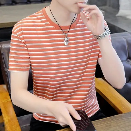 条纹T恤男短袖宽松休闲百搭圆领上衣夏季新款青年体恤衫潮流男装商品大图