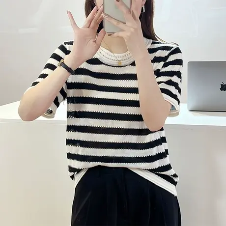 2023夏季新款韩版宽松薄款条纹镂空针织衫圆领短袖T恤女百搭毛衣商品大图