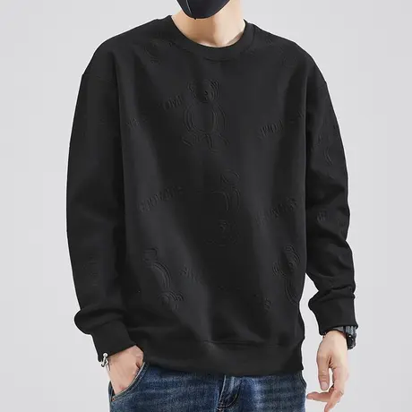 重磅黑色卫衣男士春秋款圆领套头无帽上衣服宽松潮流钢印长袖t恤商品大图