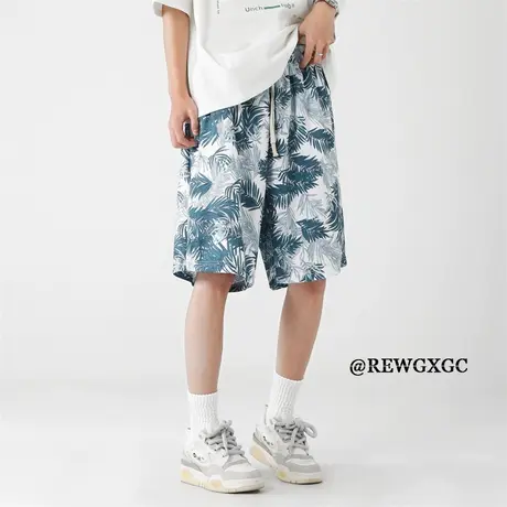 夏威夷沙滩短裤男士夏季薄款大码宽松休闲裤潮牌冰丝碎花五分裤子商品大图